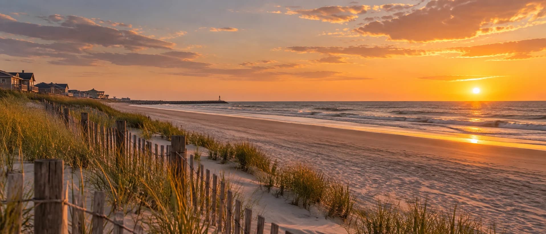 Dune fencing and sea grass along a New Jersey beach at sunset, with shore houses along the dune and the sun low over the ocean