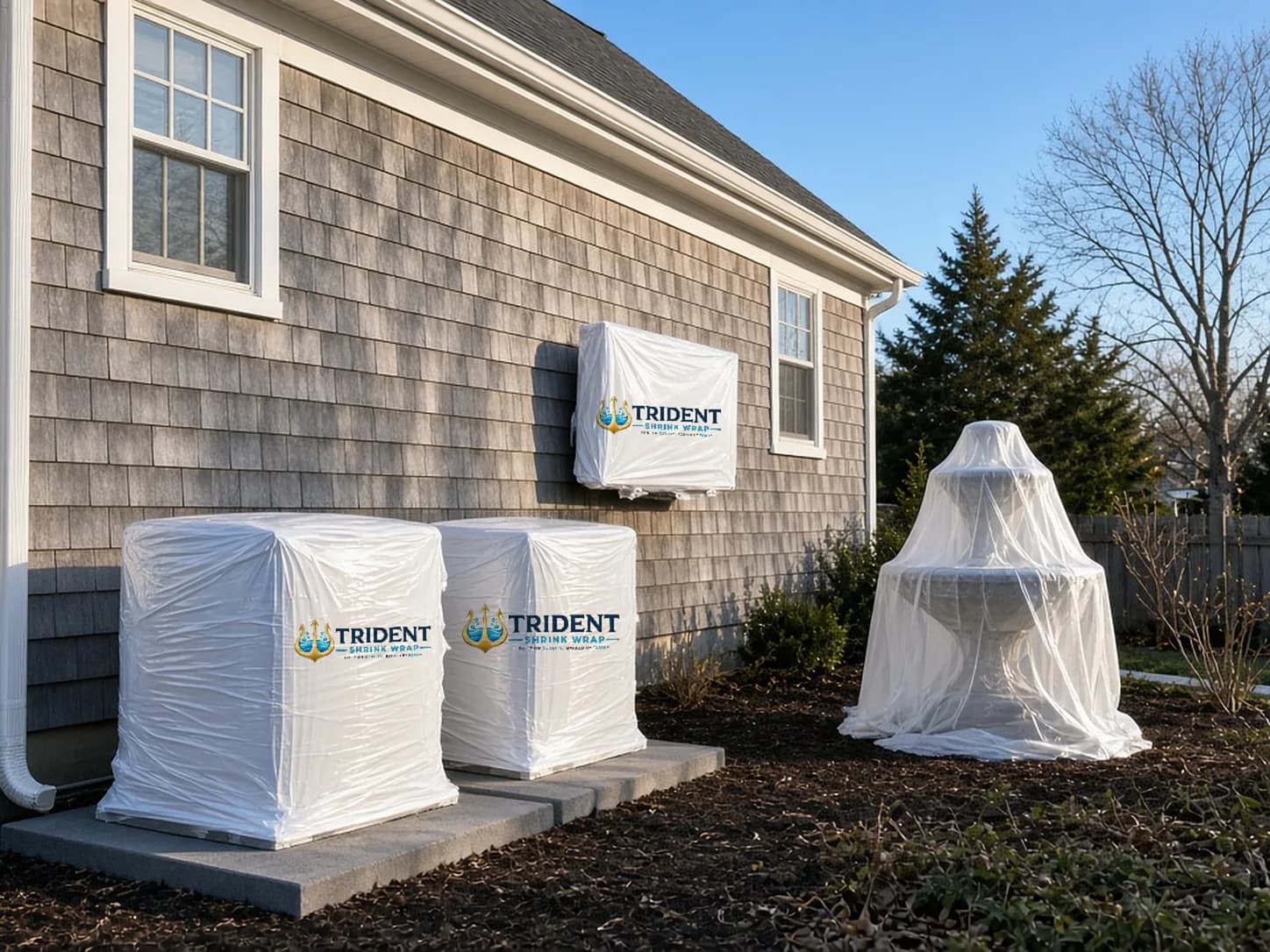 Two AC condenser units, a wall-mounted AC unit and a tiered fountain each shrink wrapped in white film beside a shingled house