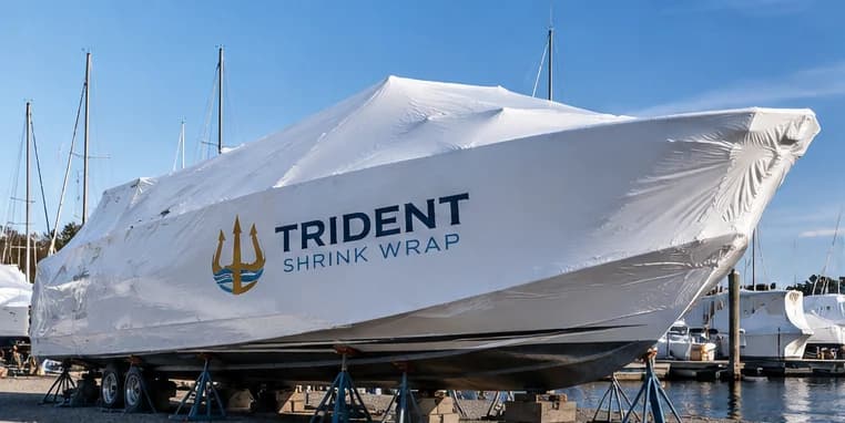 A powerboat shrink wrapped in white film on stands in a boatyard beside the water