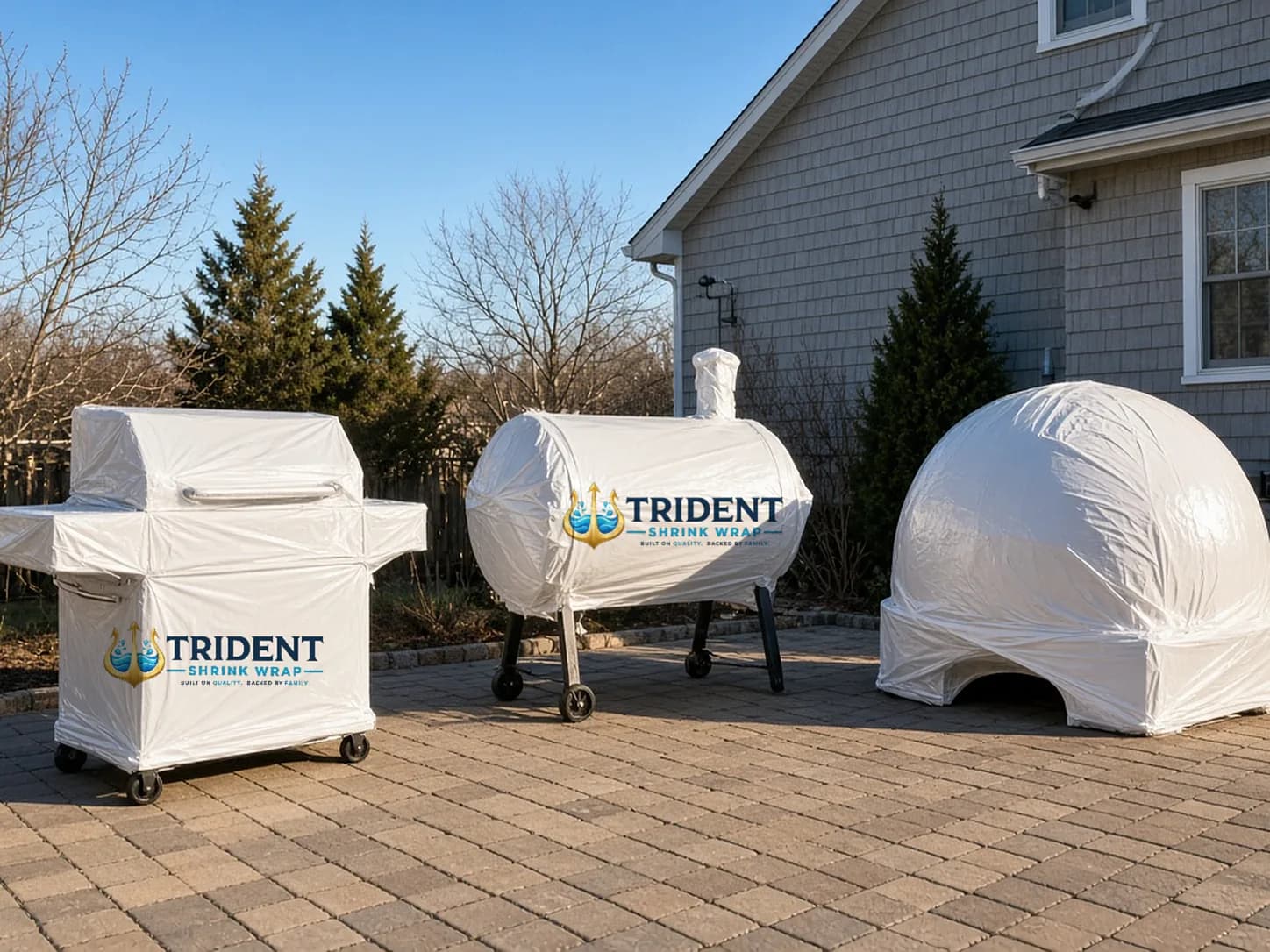 A gas grill, an offset smoker and a dome pizza oven each shrink wrapped in white film on a paver patio