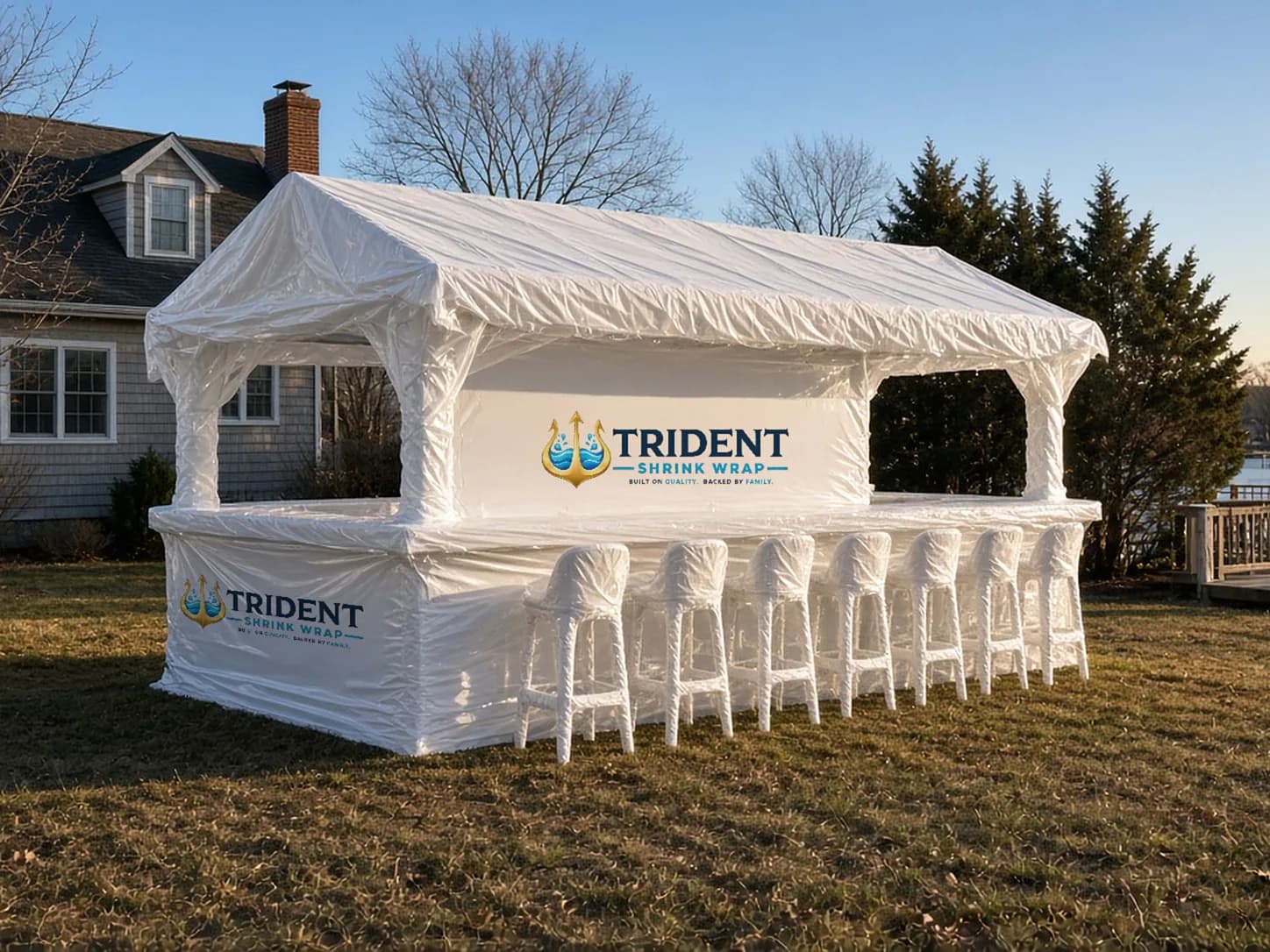 An outdoor bar with a peaked roof and a row of bar stools shrink wrapped in white film on a backyard lawn