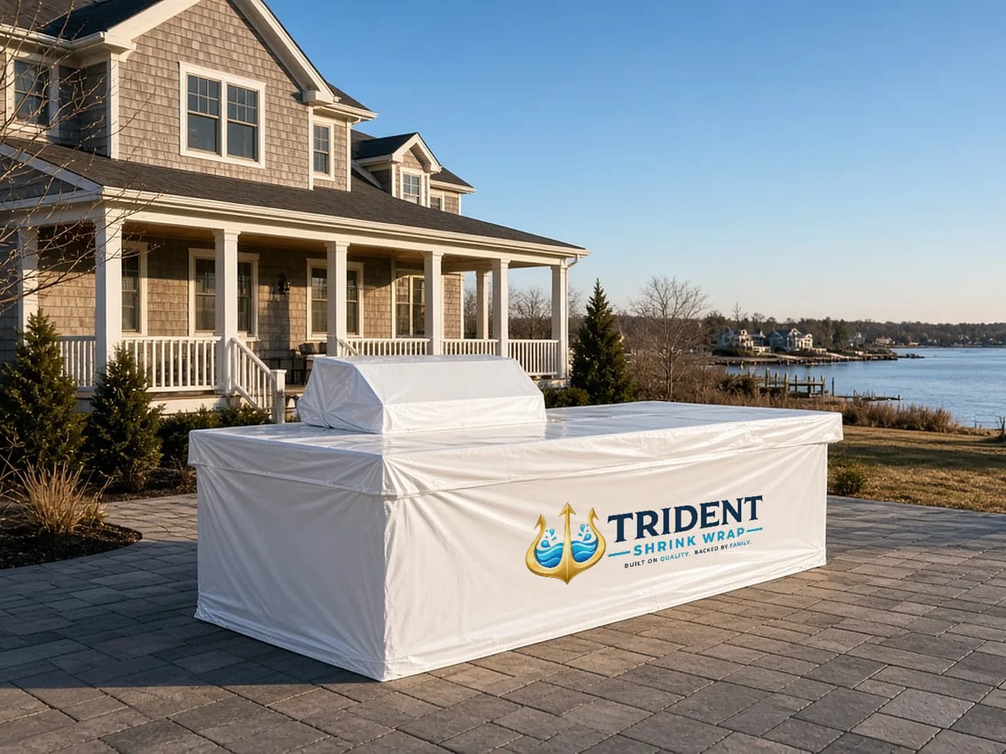 An outdoor kitchen island with a built-in grill shrink wrapped in white film on a paver patio at a waterfront home