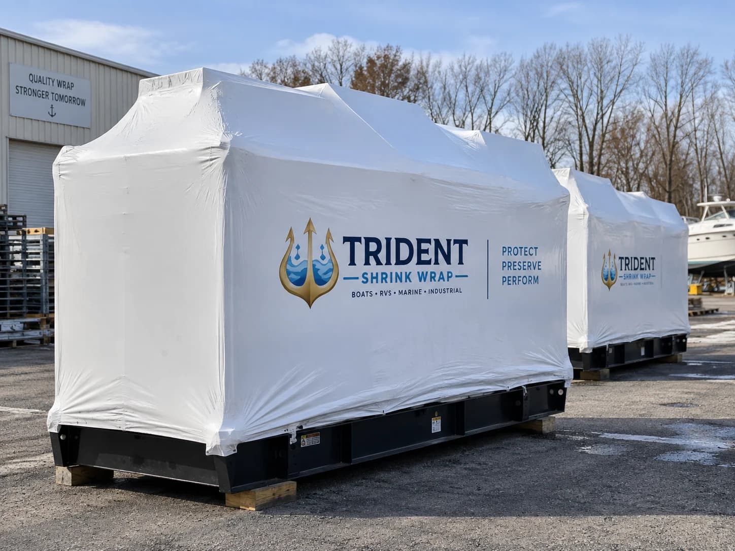 Two pallet-mounted industrial units shrink wrapped in branded white film in a yard