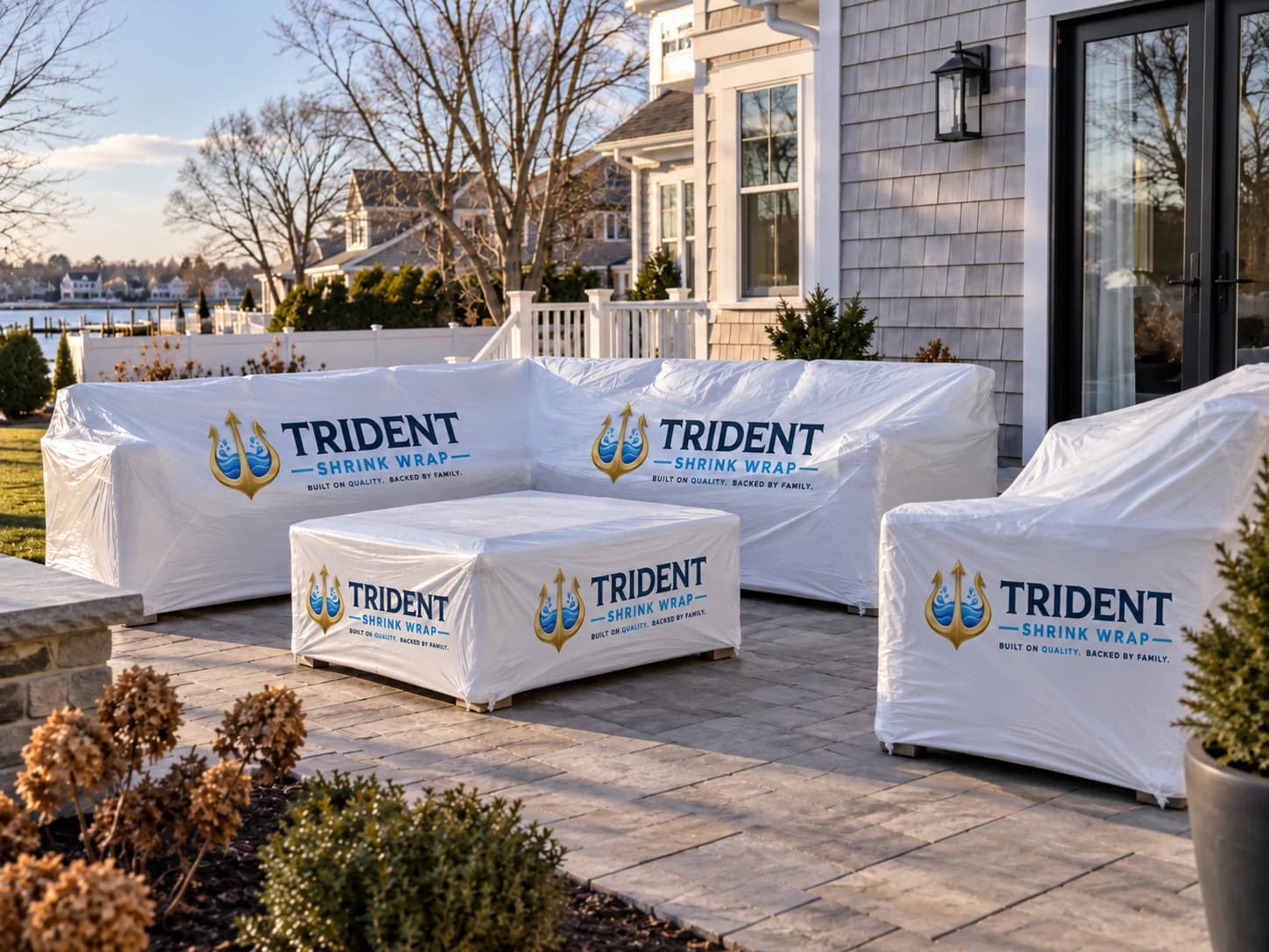 An outdoor sofa, table and chairs wrapped in white protective film on a shore-home patio