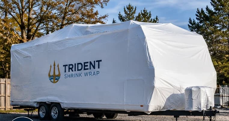 A travel trailer shrink wrapped in white film, parked on gravel