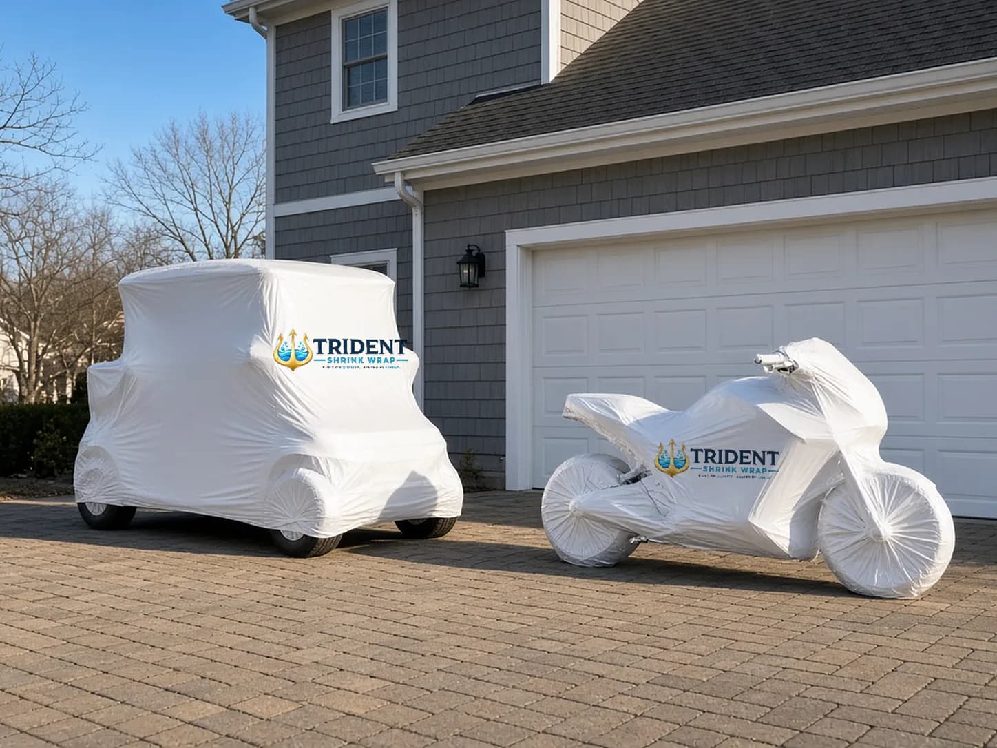 A golf cart and a motorcycle each shrink wrapped in white film in a paver driveway in front of a garage