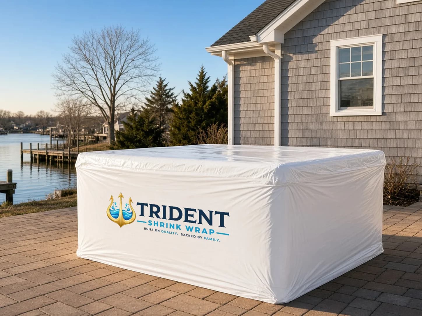 A square hot tub shrink wrapped in white film over its cover on a paver patio beside a shingled shore home, with the bay and docks behind