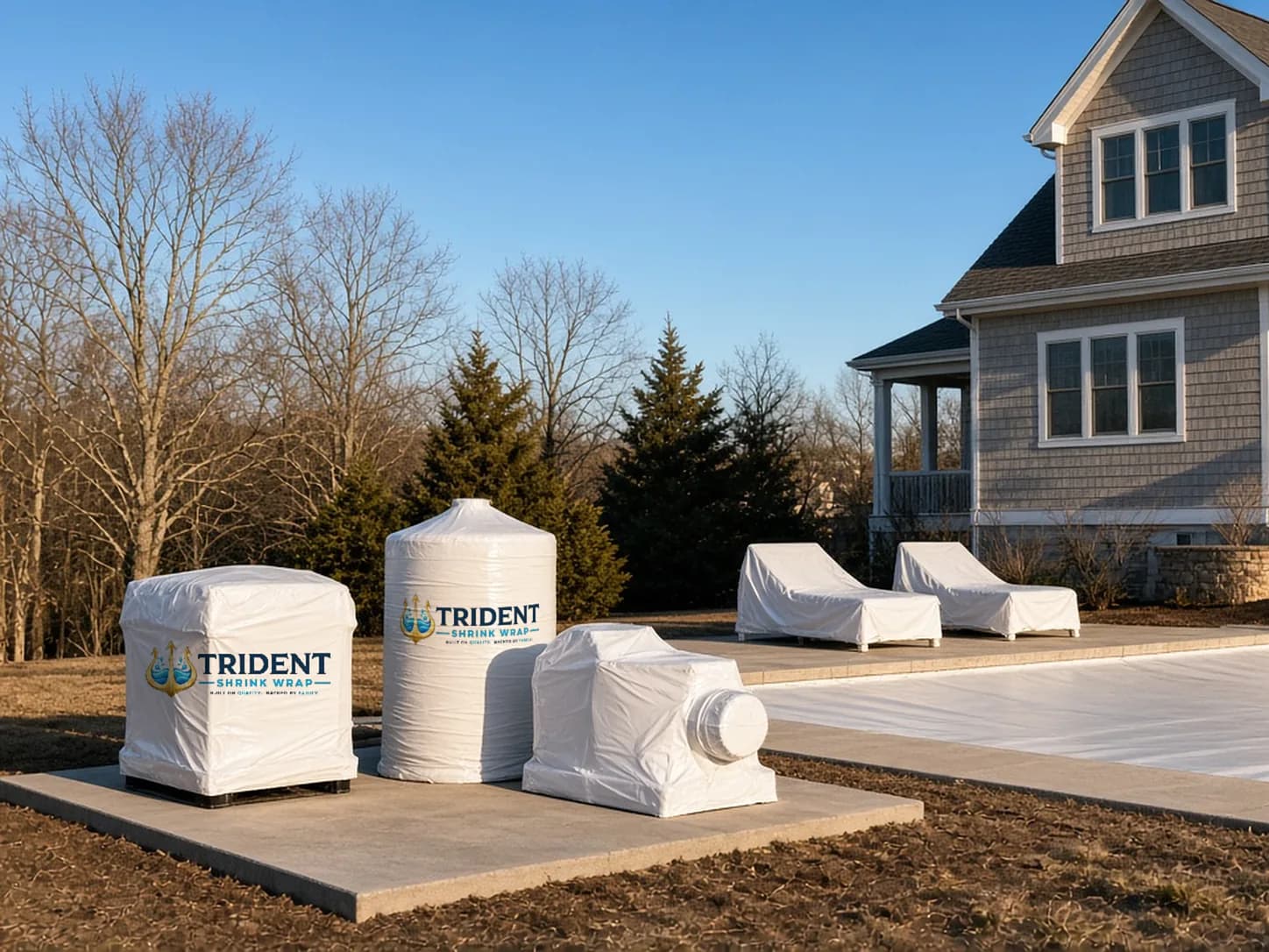 A pool heater, filter tank and pump shrink wrapped in white film on their equipment pad, with two wrapped chaise lounges beside a closed pool